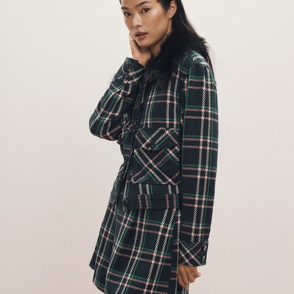 Anthropologie’s Brand Maeve Green Plaid Jacket with fur collar - Picture 2 of 9
